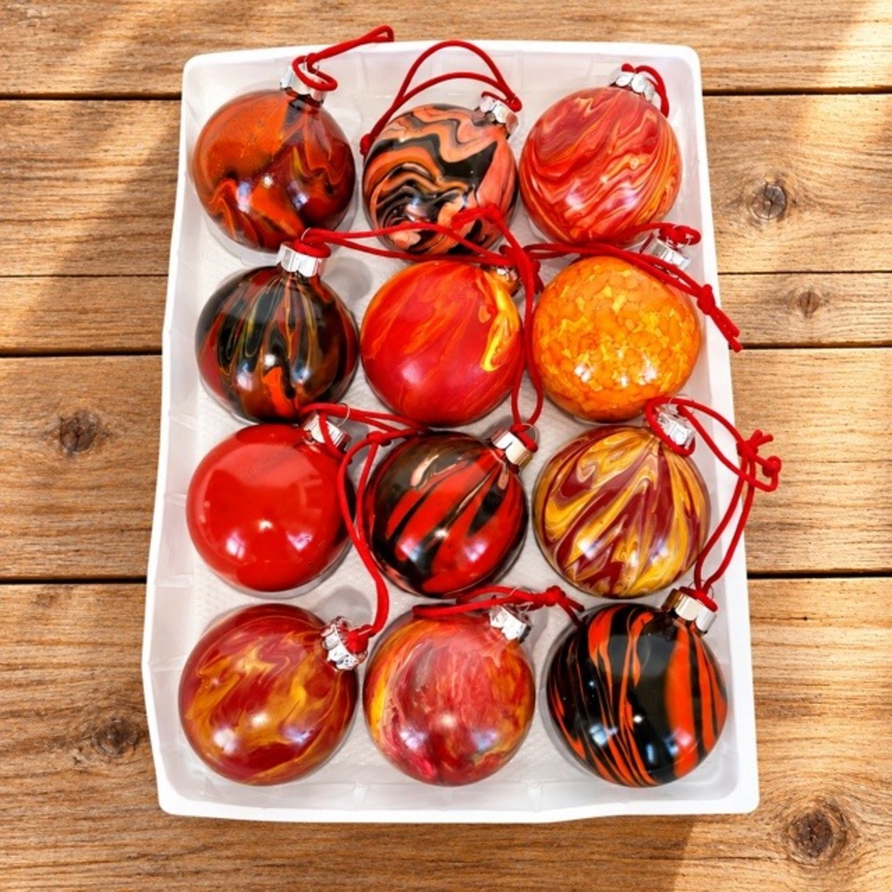 Handcrafted Glass Christmas Ornaments Set 12 Orange Red Marbled Paint Pour